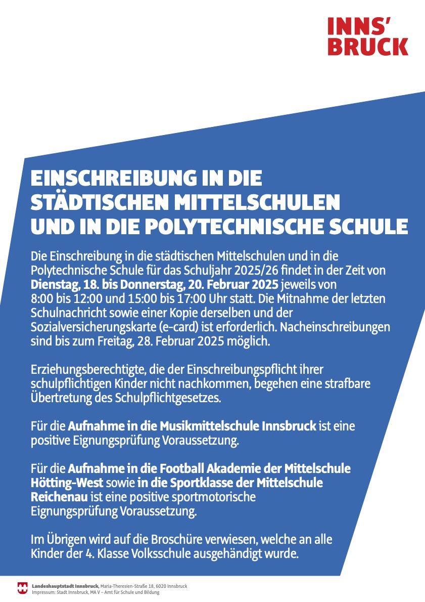 Einschreibungen in die Städtuschen Mittelschulen und die Polytechnischen Schulen