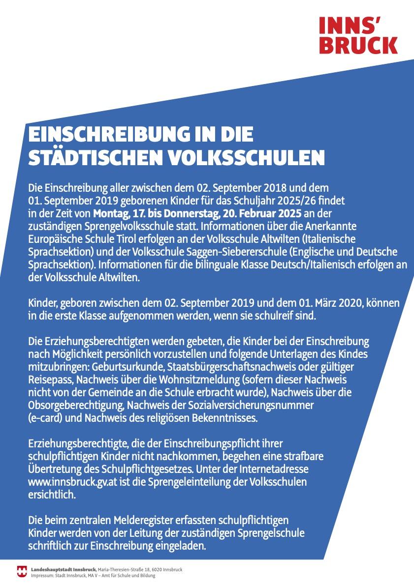 Einschreibung in die Volksschulen WS 24/25