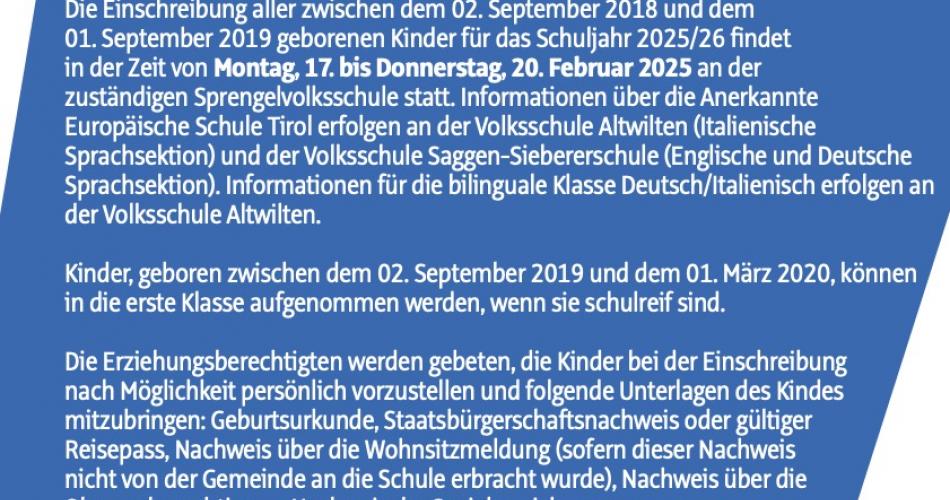 Einschreibung in die Volksschulen WS 24/25